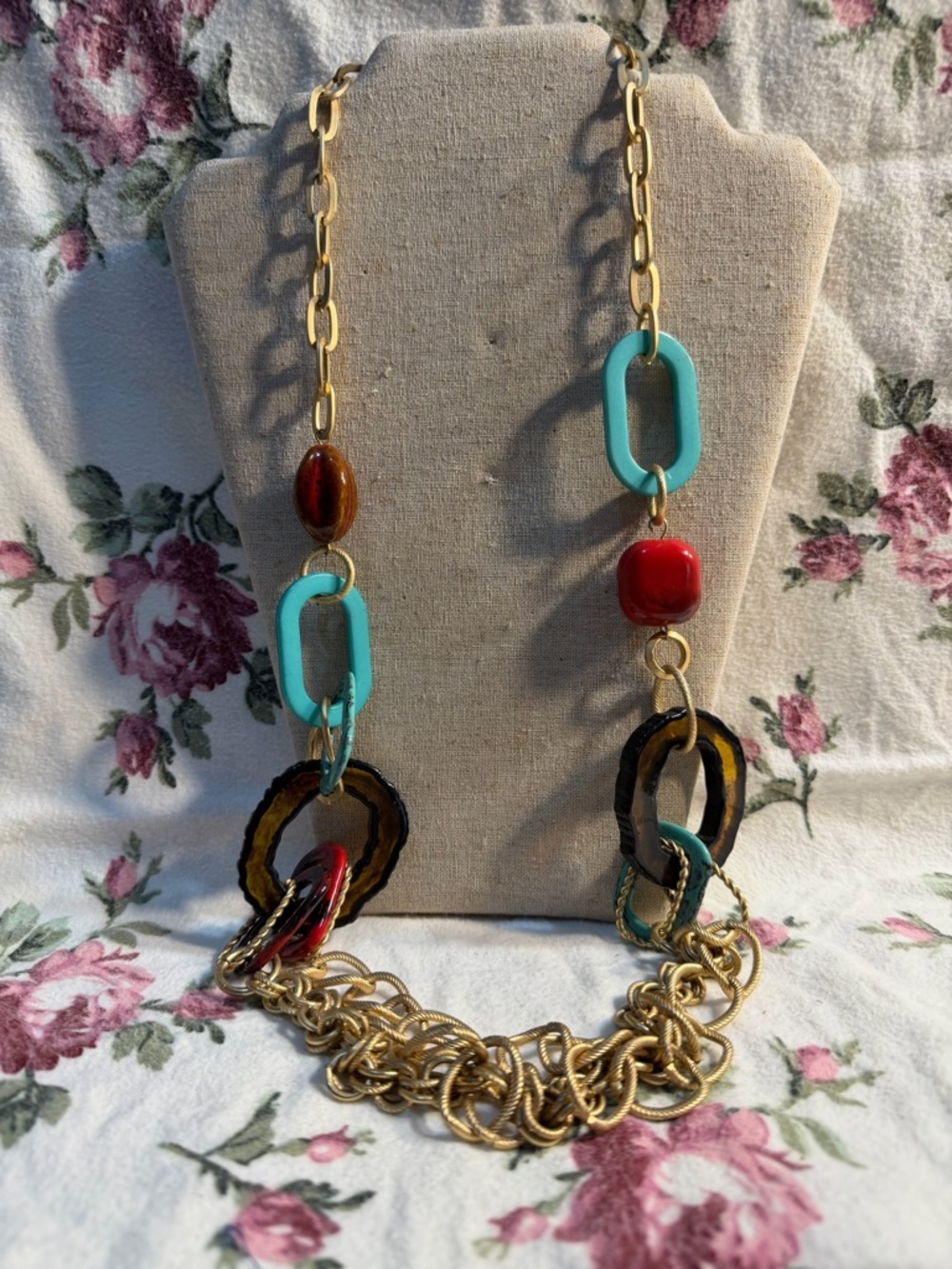 Gold-Tone Chain Necklace with Turquoise Links and Red Accents